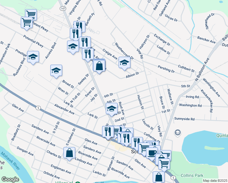 map of restaurants, bars, coffee shops, grocery stores, and more near 168 6th Street in Scotia