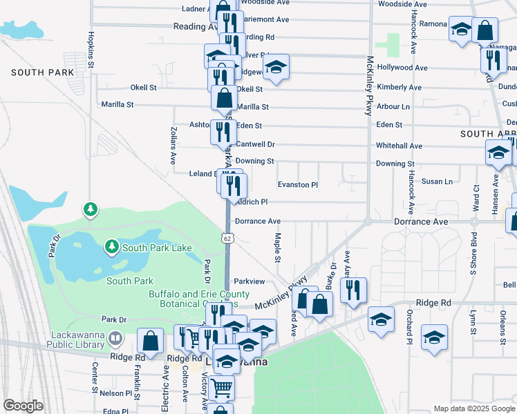map of restaurants, bars, coffee shops, grocery stores, and more near 47 Aldrich Place in Buffalo
