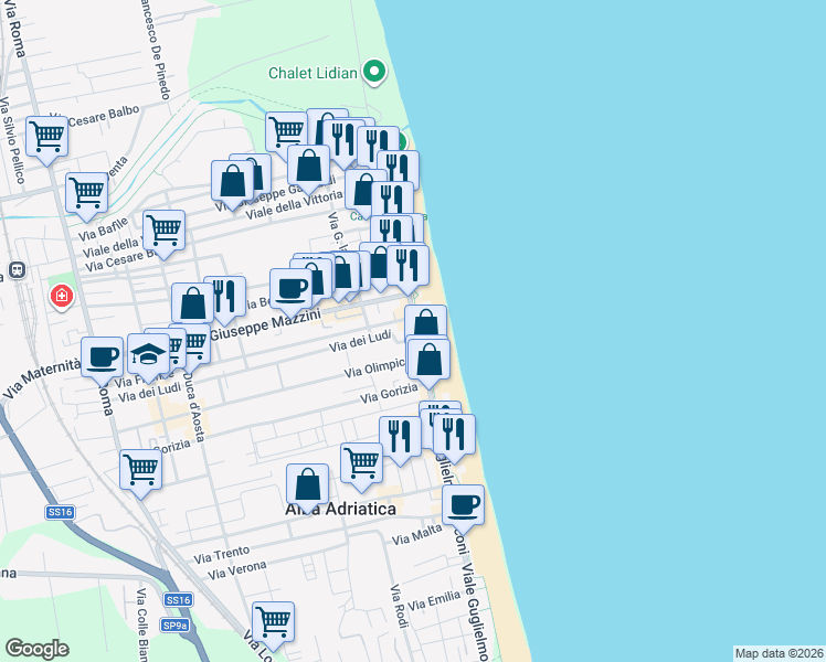 map of restaurants, bars, coffee shops, grocery stores, and more near 10 Via dei Ludi in Alba Adriatica