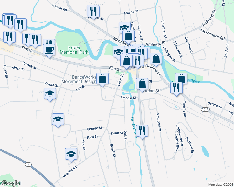 map of restaurants, bars, coffee shops, grocery stores, and more near 41 Union Street in Milford