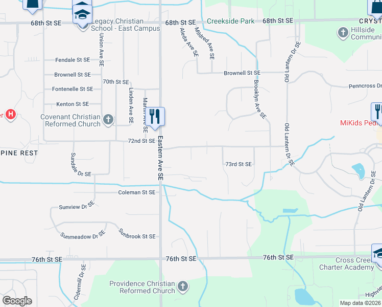 map of restaurants, bars, coffee shops, grocery stores, and more near 7253 Periwinkle Avenue Southeast in Grand Rapids