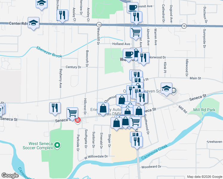 map of restaurants, bars, coffee shops, grocery stores, and more near 487 Main Street in West Seneca