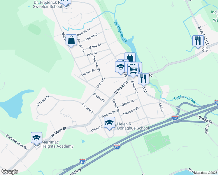 map of restaurants, bars, coffee shops, grocery stores, and more near 19 West Main Street in Merrimac
