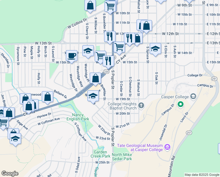map of restaurants, bars, coffee shops, grocery stores, and more near 1819 South Boxelder Street in Casper