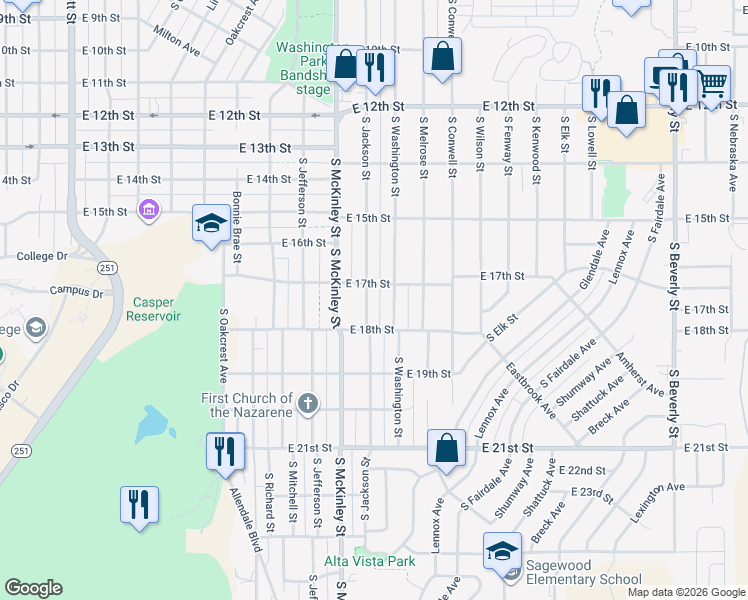 map of restaurants, bars, coffee shops, grocery stores, and more near 1725 South Jackson Street in Casper