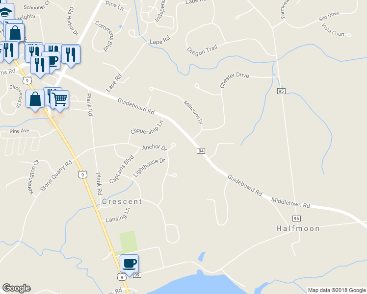 map of restaurants, bars, coffee shops, grocery stores, and more near 90-92 Guideboard Road in Waterford