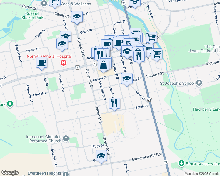 map of restaurants, bars, coffee shops, grocery stores, and more near 173 Head Street South in Simcoe