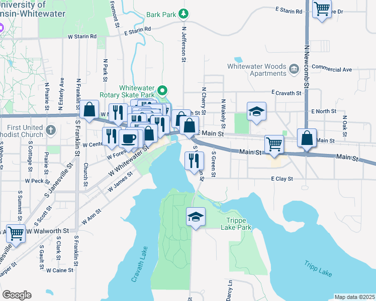 map of restaurants, bars, coffee shops, grocery stores, and more near 238 South Wisconsin Street in Whitewater