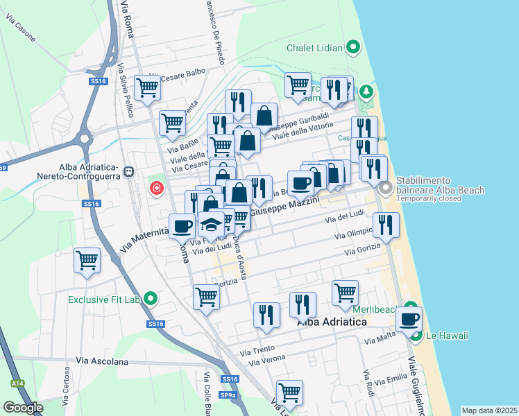 map of restaurants, bars, coffee shops, grocery stores, and more near 1 Via Fiesole in Alba Adriatica