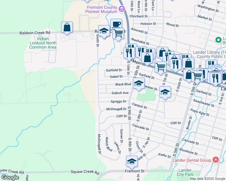 map of restaurants, bars, coffee shops, grocery stores, and more near 995 Dabich Avenue in Lander