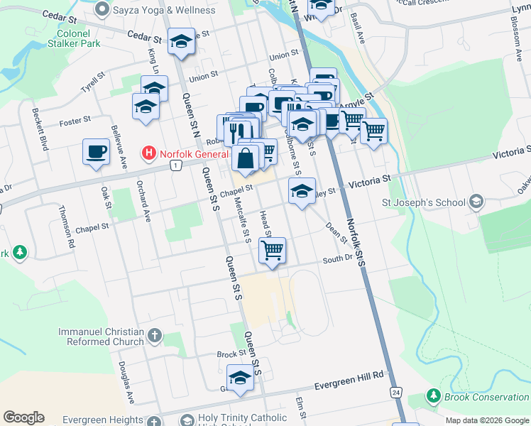 map of restaurants, bars, coffee shops, grocery stores, and more near 142 Stanley Street in Norfolk