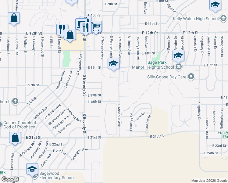 map of restaurants, bars, coffee shops, grocery stores, and more near 2300 East 18th Street in Casper