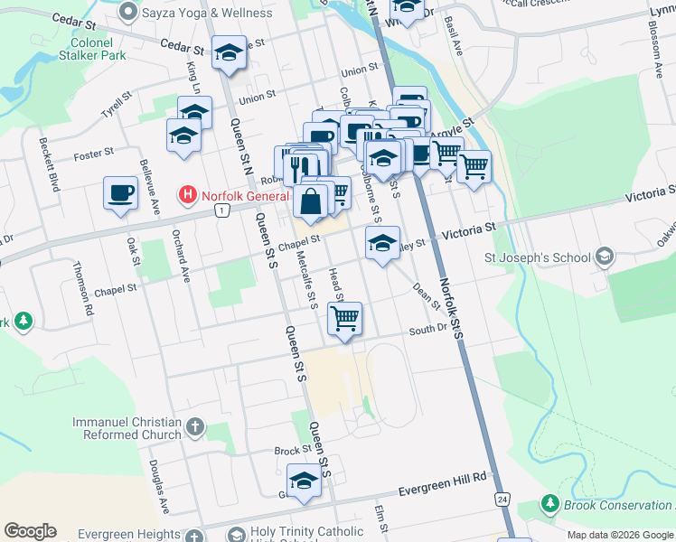 map of restaurants, bars, coffee shops, grocery stores, and more near 173 Head Street South in Simcoe