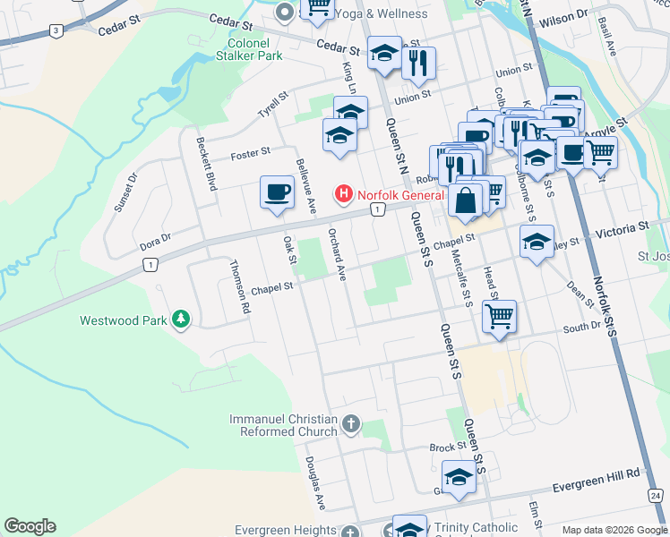 map of restaurants, bars, coffee shops, grocery stores, and more near 104 Orchard Avenue in Simcoe