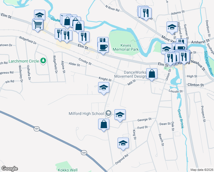 map of restaurants, bars, coffee shops, grocery stores, and more near 30 Berry Court in Milford