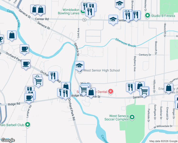 map of restaurants, bars, coffee shops, grocery stores, and more near 3330 Seneca Street in Buffalo