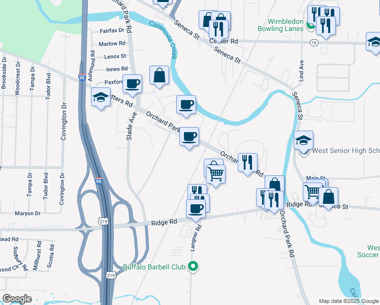 map of restaurants, bars, coffee shops, grocery stores, and more near 349 Orchard Park Road in West Seneca