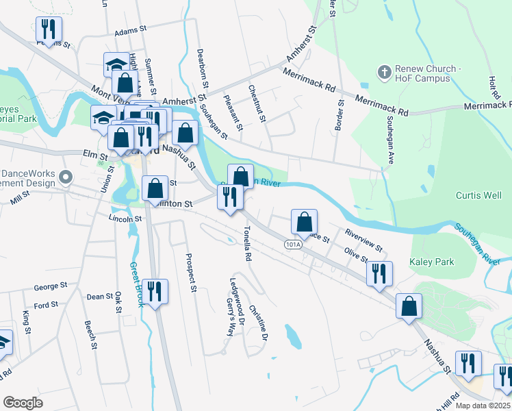 map of restaurants, bars, coffee shops, grocery stores, and more near 7 Monson Place in Milford