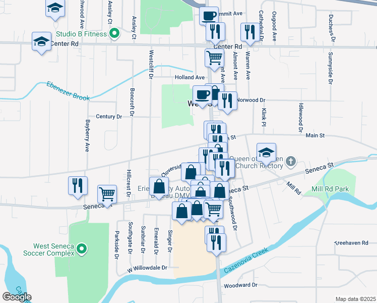 map of restaurants, bars, coffee shops, grocery stores, and more near 186 Cloverside Drive in Buffalo