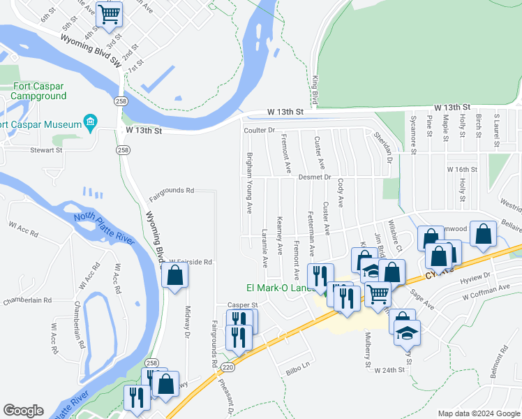 map of restaurants, bars, coffee shops, grocery stores, and more near 1724 Laramie Avenue in Casper