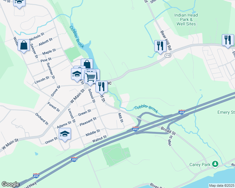 map of restaurants, bars, coffee shops, grocery stores, and more near 9 Mill Street in Merrimac