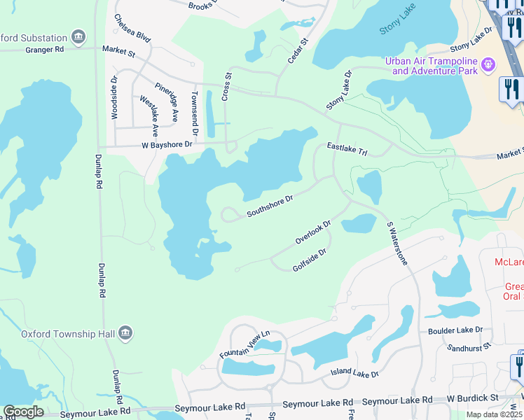 map of restaurants, bars, coffee shops, grocery stores, and more near 569 South Shore Drive in Oakland County