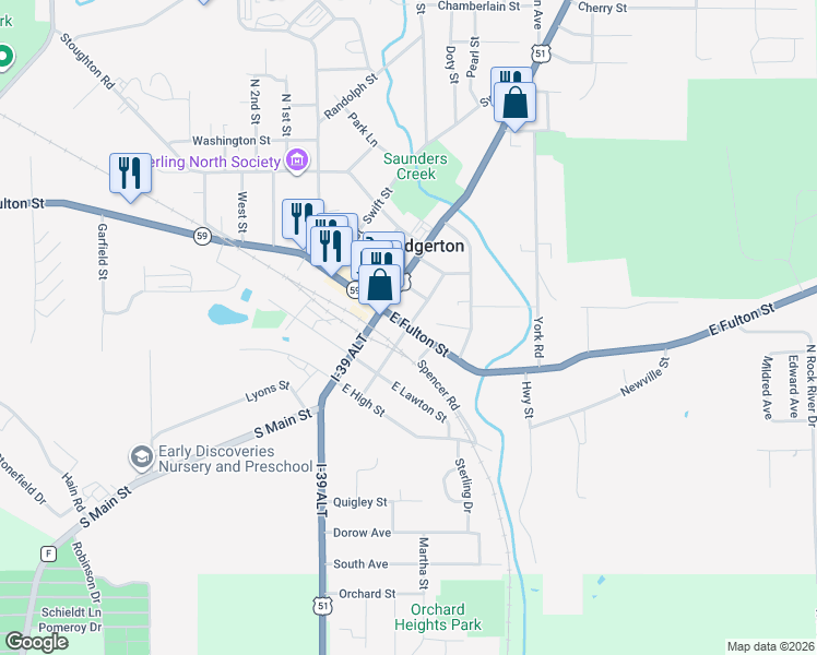 map of restaurants, bars, coffee shops, grocery stores, and more near 1 South Catlin Street in Edgerton