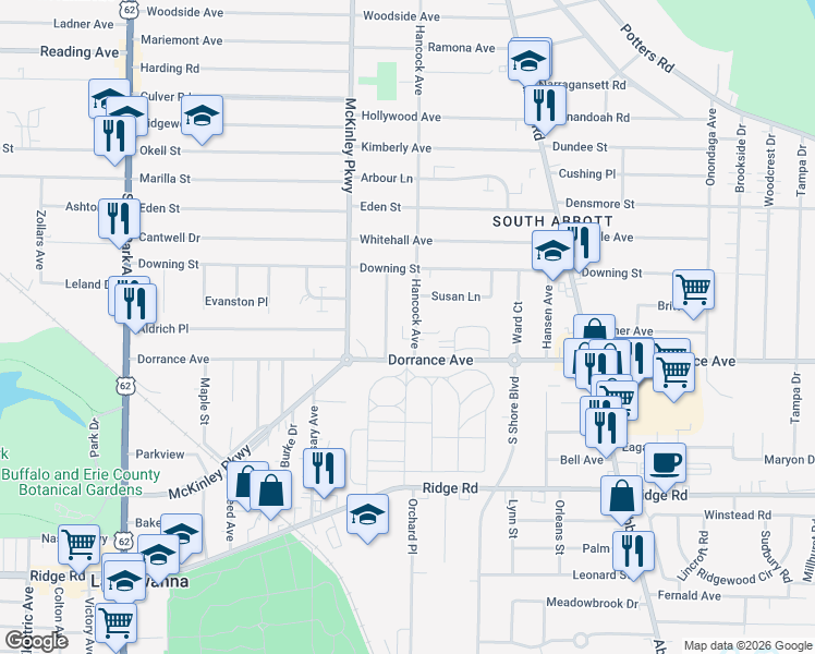 map of restaurants, bars, coffee shops, grocery stores, and more near 18 Hancock Avenue in Buffalo