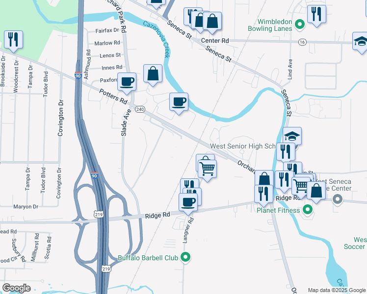 map of restaurants, bars, coffee shops, grocery stores, and more near 349 Orchard Park Road in West Seneca