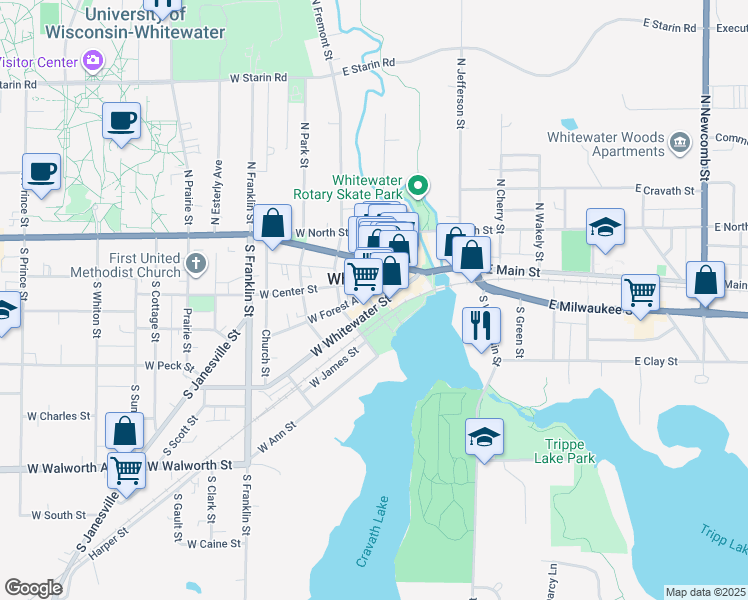 map of restaurants, bars, coffee shops, grocery stores, and more near 162 West Whitewater Street in Whitewater