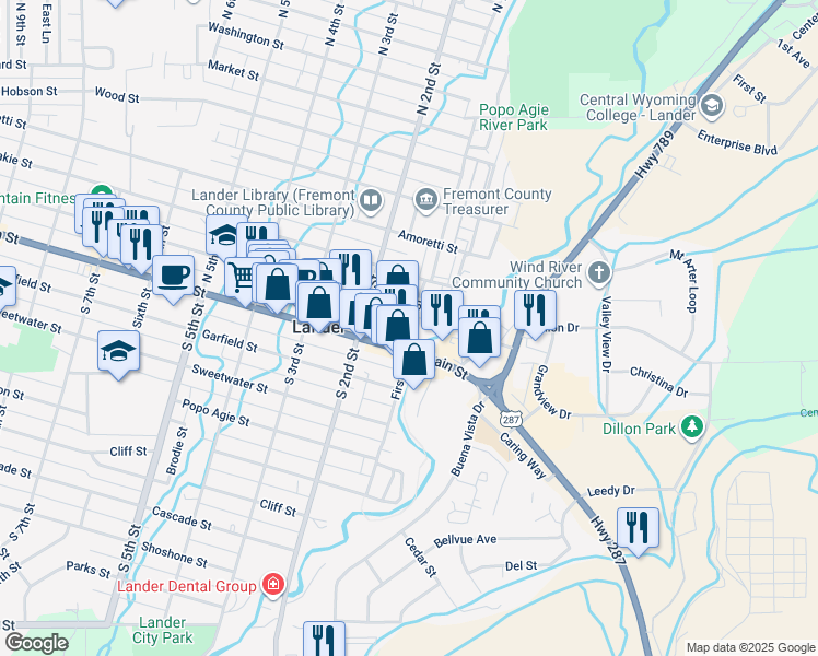 map of restaurants, bars, coffee shops, grocery stores, and more near 160 North 1st Street in Lander