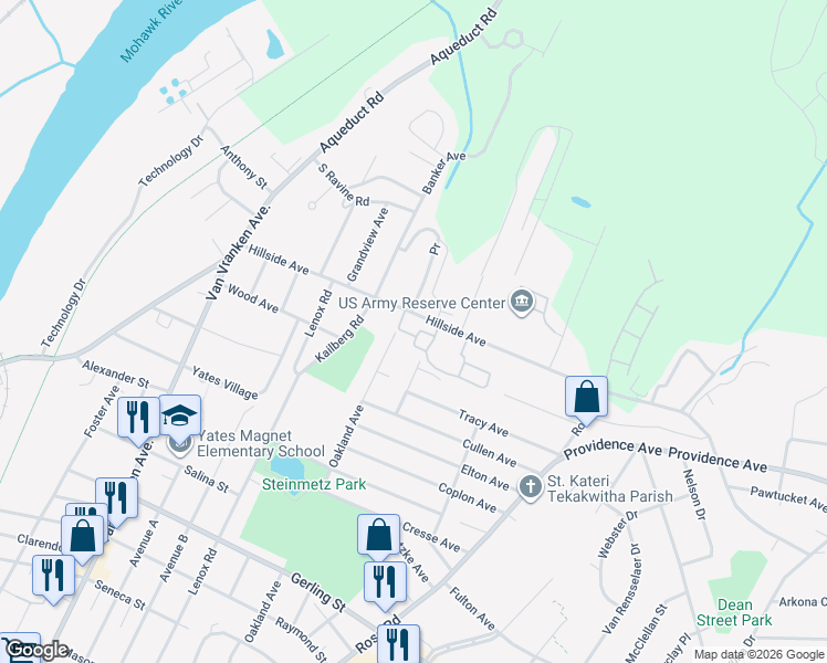 map of restaurants, bars, coffee shops, grocery stores, and more near 1200 Hillside Avenue in Schenectady