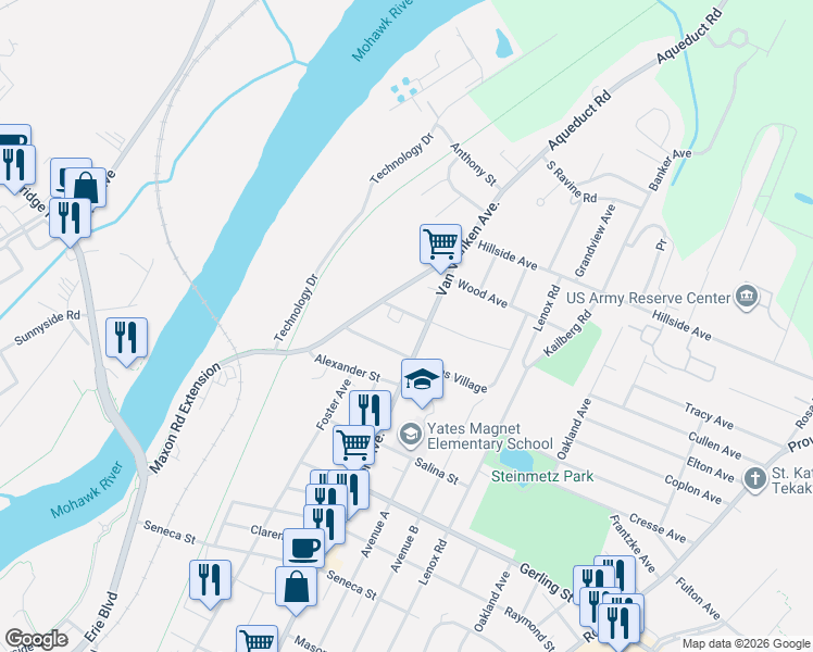 map of restaurants, bars, coffee shops, grocery stores, and more near 533 Van Der Bogart Street in Schenectady