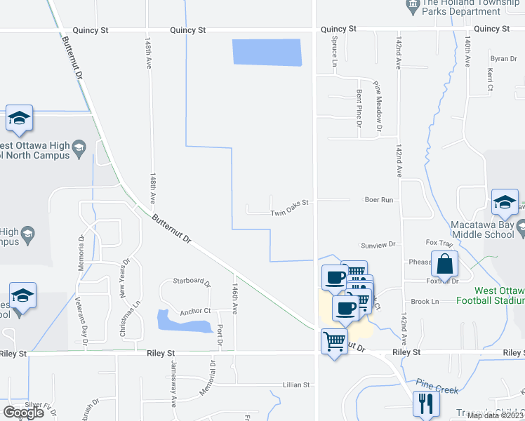 map of restaurants, bars, coffee shops, grocery stores, and more near 14504 Twin Oaks Street in Holland