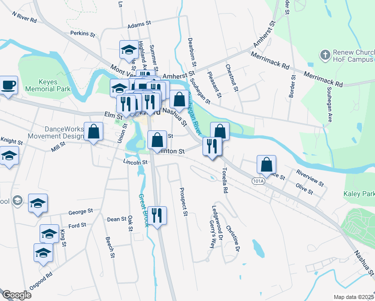 map of restaurants, bars, coffee shops, grocery stores, and more near 16 Clinton Street in Milford