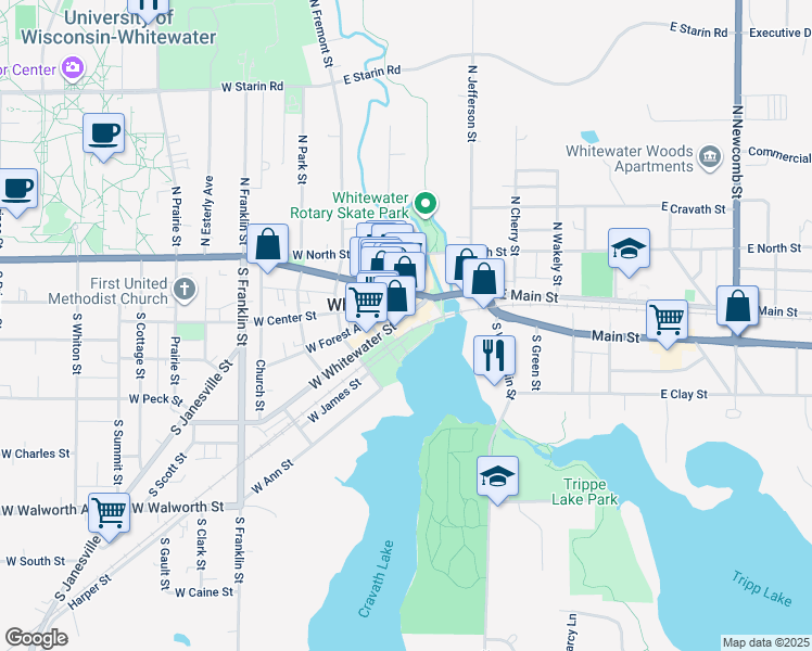 map of restaurants, bars, coffee shops, grocery stores, and more near 141 West Whitewater Street in Whitewater