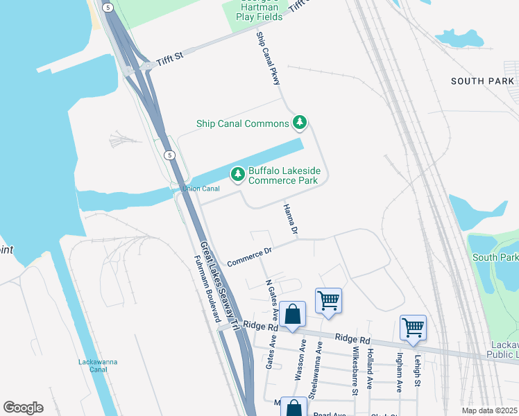 map of restaurants, bars, coffee shops, grocery stores, and more near Ship Canal Parkway in Buffalo