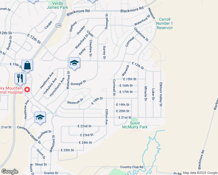 map of restaurants, bars, coffee shops, grocery stores, and more near 1710 Cornwall Street in Casper