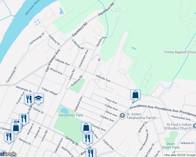 map of restaurants, bars, coffee shops, grocery stores, and more near 1200 Hillside Avenue in Schenectady