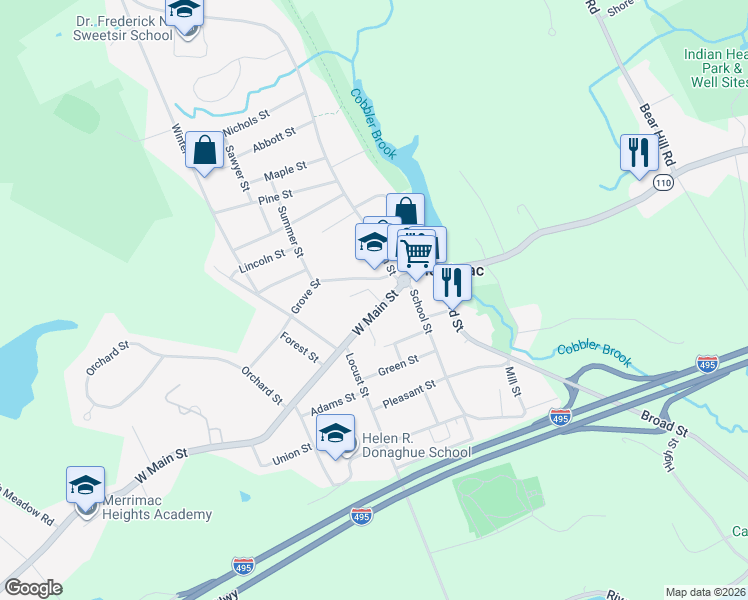 map of restaurants, bars, coffee shops, grocery stores, and more near 22 Massachusetts 110 in Merrimac