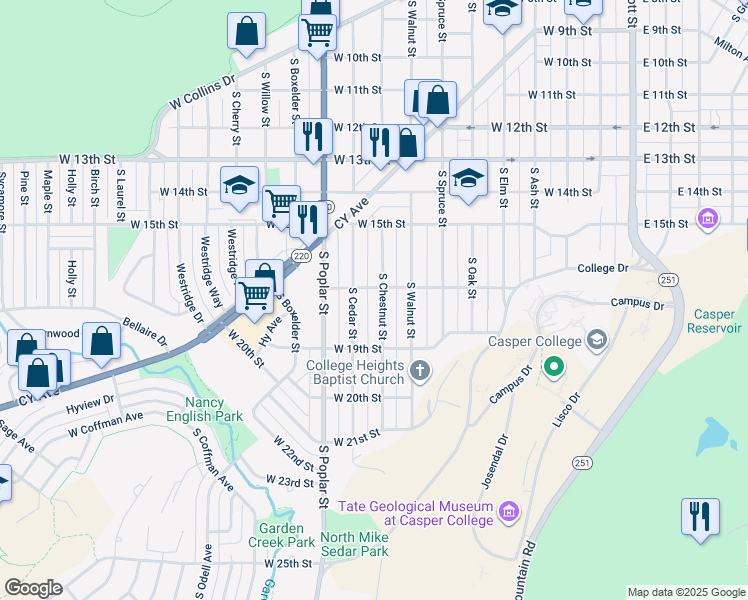 map of restaurants, bars, coffee shops, grocery stores, and more near 1700-1898 South Chestnut Street in Casper