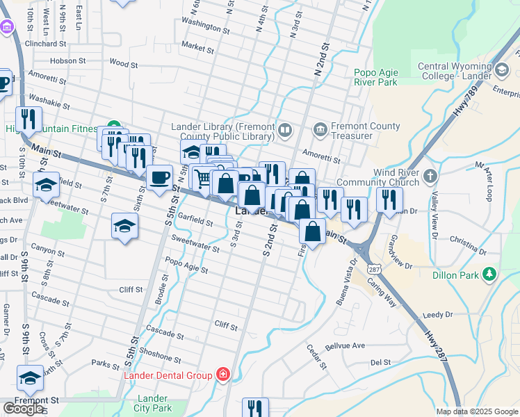 map of restaurants, bars, coffee shops, grocery stores, and more near in Lander