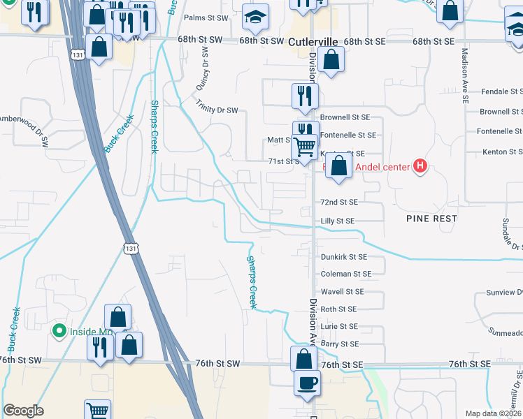 map of restaurants, bars, coffee shops, grocery stores, and more near Lichfield Drive Southwest in Cutlerville