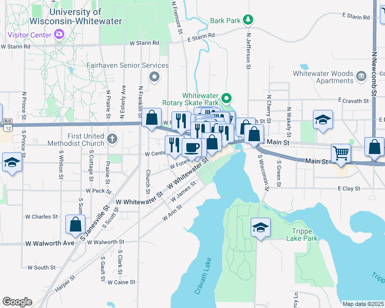 map of restaurants, bars, coffee shops, grocery stores, and more near 213 West Center Street in Whitewater