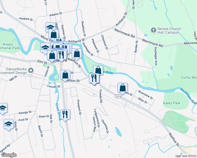 map of restaurants, bars, coffee shops, grocery stores, and more near 326 Nashua Street in Milford