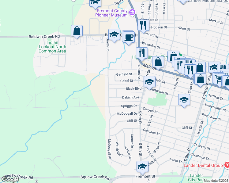 map of restaurants, bars, coffee shops, grocery stores, and more near 1055 Dabich Avenue in Lander
