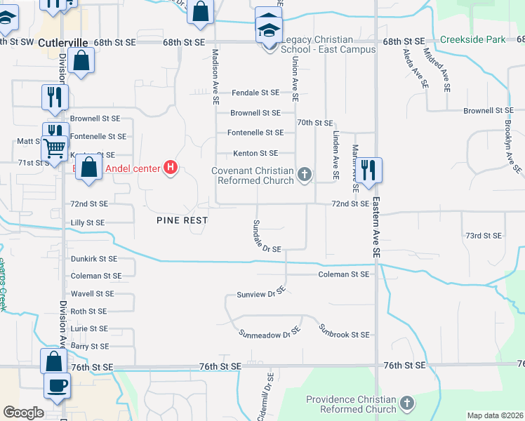 map of restaurants, bars, coffee shops, grocery stores, and more near 7248 Sundale Drive Southeast in Grand Rapids