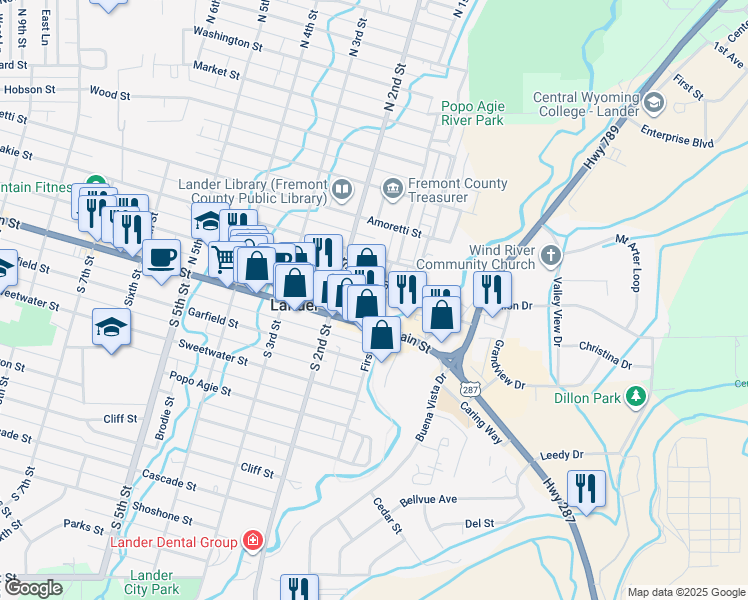 map of restaurants, bars, coffee shops, grocery stores, and more near 160 N 1st St in Lander