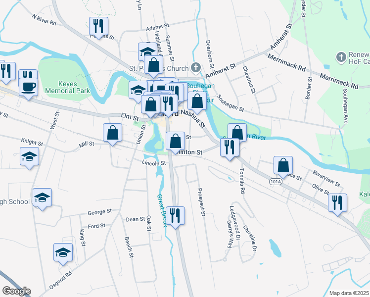 map of restaurants, bars, coffee shops, grocery stores, and more near 6 Prospect Street in Milford