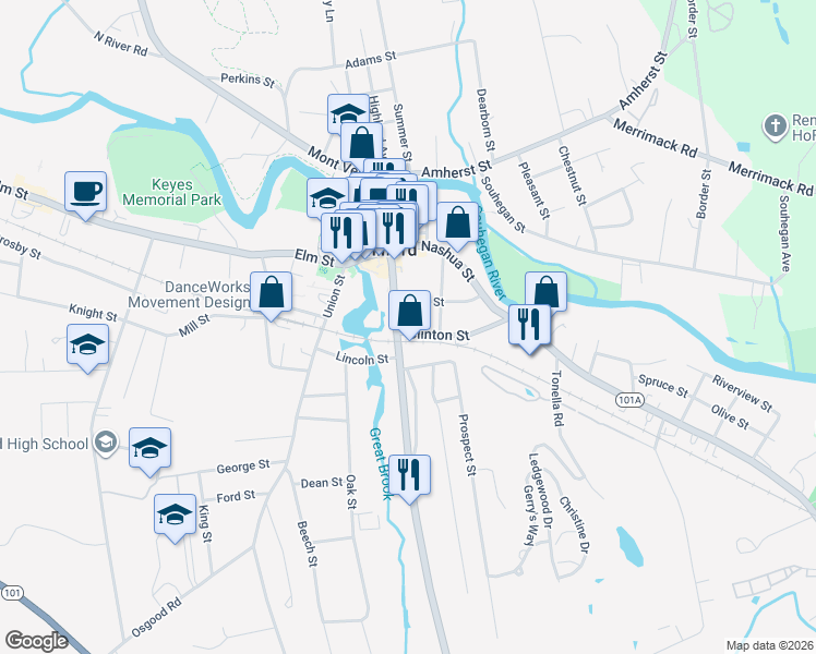 map of restaurants, bars, coffee shops, grocery stores, and more near 177 South Street in Milford